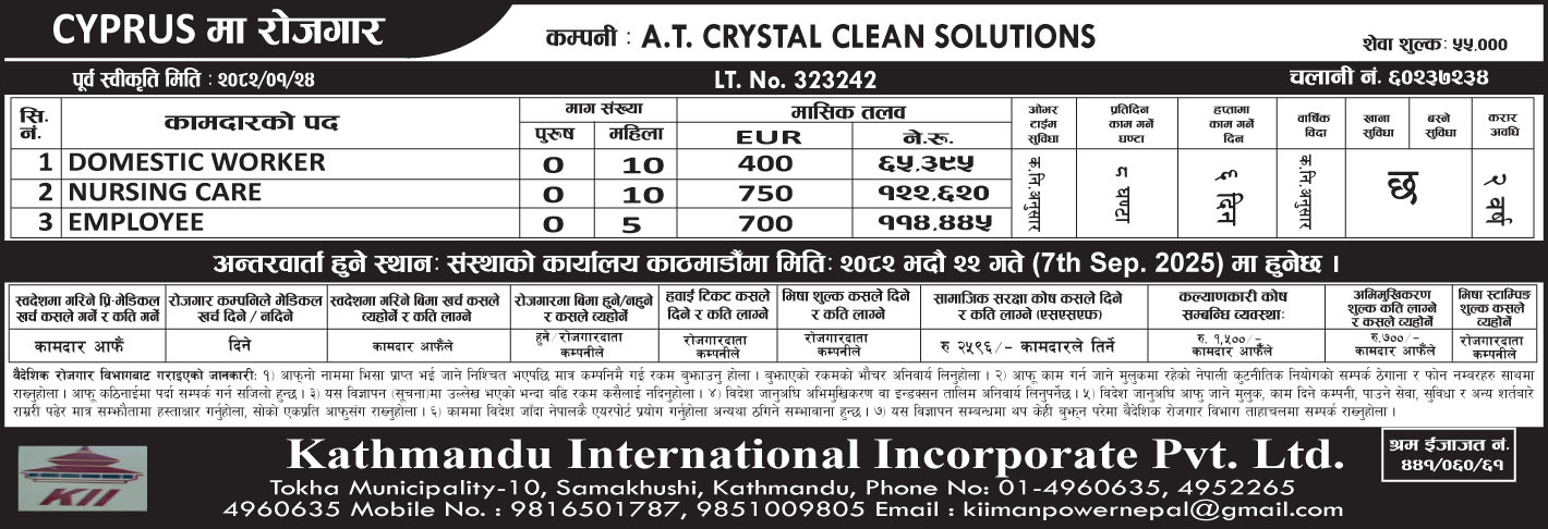 Working opportunity in Leof. Ayious Trimithias city of Cyprus